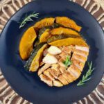 frango em cubos com abóbora assada